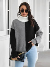 Two Tone Color Block Turtleneck Sweater Moderate Sleeve Length Acrylic Black Sweater Pullovers