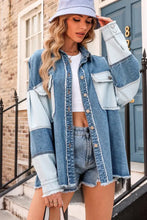 Two-Tone Denim Patchwork Jacket with Raw Hem and Fringe Woman Outerwear