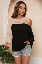 Two Tone Off Shoulder Sweater with Regular Sleeve Length Black Sweater Pullovers