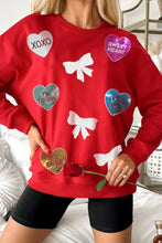 Valentine’s Day Sequin Bow Heart Round Neck Sweatshirt Red Woman Sweatshirts