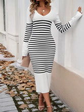 White and Black Striped Knit Midi Sweater Dress for Women Woman Sweater Dresses