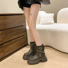 White Chunky Platform Ankle Boots with Buckle and Grommet Details Olive Brown Woman Boots