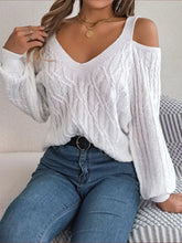 White Cold-Shoulder Cable-Knit Sweater with Long Sleeve Length Sweater Pullovers