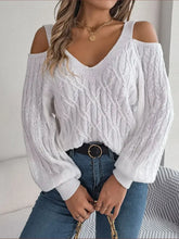 White Cold-Shoulder Cable-Knit Sweater with Long Sleeve Length Sweater Pullovers