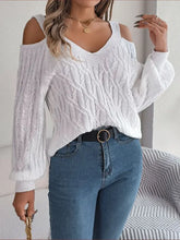 White Cold-Shoulder Cable-Knit Sweater with Long Sleeve Length White Sweater Pullovers