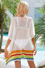 White Crochet Cover Up with Rainbow Trim and Half Sleeves Slightly Stretchy Swimwear Cover-Ups