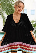 White Crochet Cover Up with Rainbow Trim and Half Sleeves Slightly Stretchy Swimwear Cover-Ups