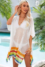 White Crochet Cover Up with Rainbow Trim and Half Sleeves Slightly Stretchy Swimwear Cover-Ups