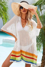 White Crochet Cover Up with Rainbow Trim and Half Sleeves Slightly Stretchy White One Size Swimwear Cover-Ups