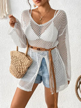 White Crochet Fishnet Beach Cover-Up with Brown Belt White One Size Swimwear Cover-Ups