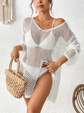 White Crochet Fishnet Beach Cover-Up with Brown Belt Swimwear Cover-Ups