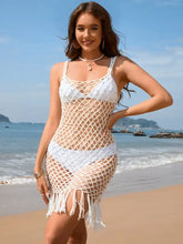 White Crochet Fringe Beach Cover-Up for Women White Swimwear Cover-Ups