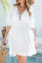 White Crochet-Trimmed Dress with Woven Straw Handbag Cover-Up Set Swimwear Cover-Ups