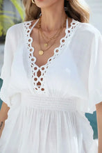 White Crochet-Trimmed Dress with Woven Straw Handbag Cover-Up Set Swimwear Cover-Ups