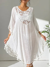 White Crochet Trimmed Tassel Tunic Dress Swim Cover Up White One Size Swimwear Cover-Ups