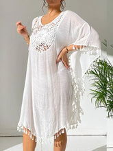 White Crochet Trimmed Tassel Tunic Dress Swim Cover Up Swimwear Cover-Ups