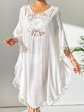White Crochet Trimmed Tassel Tunic Dress Swim Cover Up Swimwear Cover-Ups