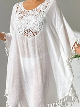 White Crochet Trimmed Tassel Tunic Dress Swim Cover Up Swimwear Cover-Ups