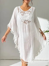 White Crochet Trimmed Tassel Tunic Dress Swim Cover Up Swimwear Cover-Ups