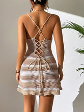 White Crocheted Mini Dress with Stripes and Criss Cross Back Swimwear Cover-Ups