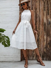 White Eyelet Halter Midi Dress with Lace Detail Casual Dresses