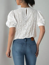 White Eyelet Tie Front Bodysuit in Stretch Viscose Woman Bodysuits