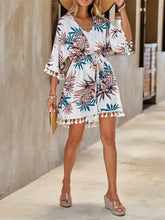 White Floral Print Tassel Kimono Swimwear Cover Up Swimwear Cover-Ups