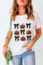 White Halloween Pumpkin and Bow Graphic Tee for Women White Woman T Shirts