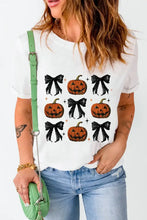 White Halloween Pumpkin and Bow Graphic Tee for Women Woman T Shirts