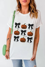 White Halloween Pumpkin and Bow Graphic Tee for Women Woman T Shirts