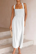 White Halter Backless Smocked Midi Dress White Casual Dresses