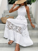 White Halter Maxi Dress with Lace Detail and Belted Waist Casual Dresses