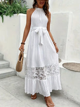 White Halter Maxi Dress with Lace Detail and Belted Waist White Casual Dresses