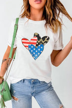 White heart print basic style t-shirt with flag and leopard accents
