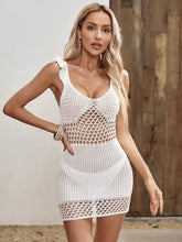White Knit Crocheted Mini Dress with Ruffled Straps Swimwear Cover-Ups