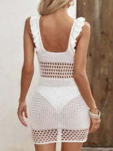 White Knit Crocheted Mini Dress with Ruffled Straps Swimwear Cover-Ups