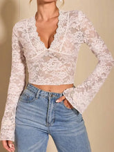 White Lace Long Sleeve Crop Top for Women White Woman T Shirts