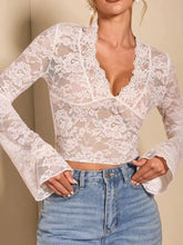White Lace Long Sleeve Crop Top for Women Woman T Shirts