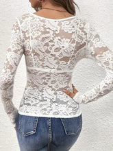 White lace long sleeve sheer bodysuit with floral pattern