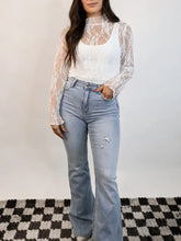 White Lace Long Sleeve Top with Flare Jeans for Women Woman T Shirts