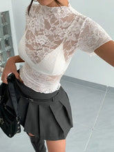 White Lace Top and Black Pleated Skirt Set for Women Woman T Shirts