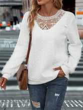 White Lace Trim Cable Knit Sweater with Semi Sheer Long Sleeve Length Woman T Shirts