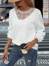White Lace Trim Cable Knit Sweater with Semi Sheer Long Sleeve Length Woman T Shirts