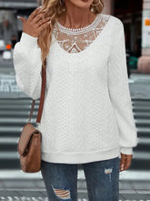 White Lace Trim Cable Knit Sweater with Semi Sheer Long Sleeve Length White Woman T Shirts
