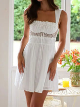 White Lace Trim Sundress with Tie Back in Cotton Casual Dresses