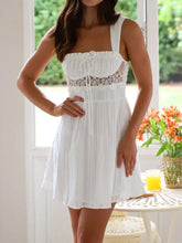 White Lace Trim Sundress with Tie Back in Cotton Casual Dresses