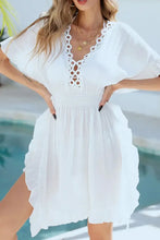 White Crochet-Trimmed Dress with Woven Straw Handbag Cover-Up Set Swimwear Cover-Ups