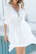 White Crochet-Trimmed Dress with Woven Straw Handbag Cover-Up Set Swimwear Cover-Ups