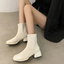 White Leather Block Heel Ankle Boots for Women Woman Boots
