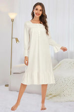 White Long Sleeve Cotton Nightgown with Lace Trim White Dresses
